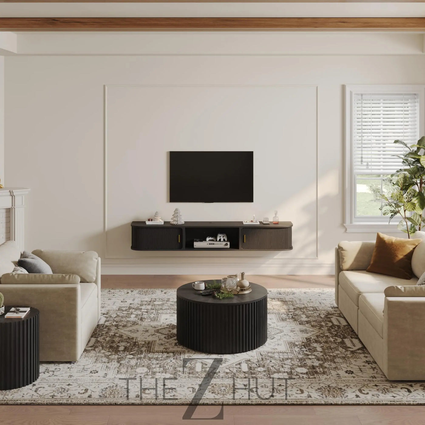 POVISON Sliding Tambour Door TV Stand with LED Lights, Mid Century Modern TV Console, Wood Media Console, Entertainment Center with Storage Cabinet, Fully-Assembled (Walnut, 118.11") THE Z HUT