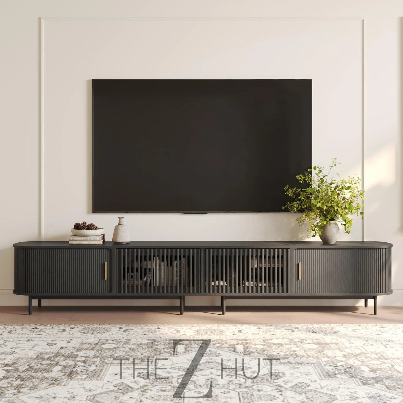 POVISON Sliding Tambour Door TV Stand with LED Lights, Mid Century Modern TV Console, Wood Media Console, Entertainment Center with Storage Cabinet, Fully-Assembled (Walnut, 118.11") THE Z HUT
