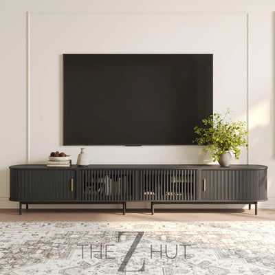 POVISON Sliding Tambour Door TV Stand with LED Lights, Mid Century Modern TV Console, Wood Media Console, Entertainment Center with Storage Cabinet, Fully-Assembled (Walnut, 118.11") THE Z HUT