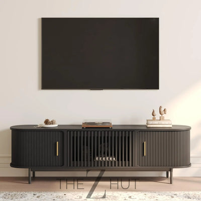 POVISON Sliding Tambour Door TV Stand with LED Lights, Mid Century Modern TV Console, Wood Media Console, Entertainment Center with Storage Cabinet, Fully-Assembled (Walnut, 118.11") THE Z HUT