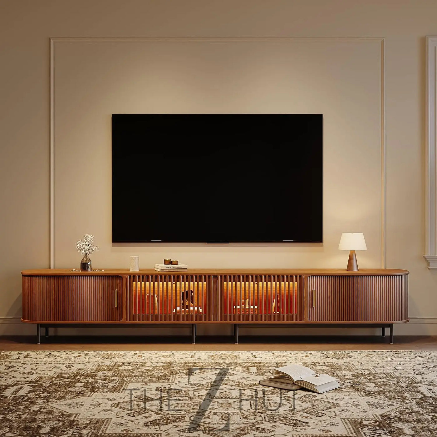 POVISON Sliding Tambour Door TV Stand with LED Lights, Mid Century Modern TV Console, Wood Media Console, Entertainment Center with Storage Cabinet, Fully-Assembled (Walnut, 118.11") THE Z HUT