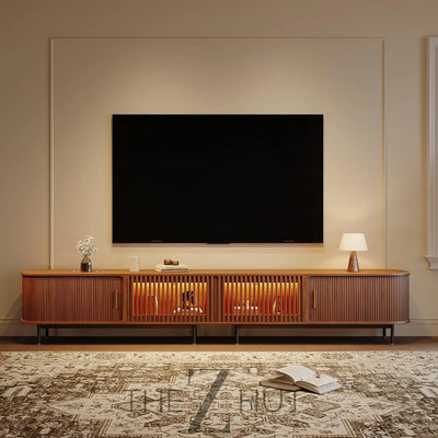 POVISON Sliding Tambour Door TV Stand with LED Lights, Mid Century Modern TV Console, Wood Media Console, Entertainment Center with Storage Cabinet, Fully-Assembled (Walnut, 118.11") THE Z HUT