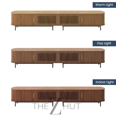 POVISON Sliding Tambour Door TV Stand with LED Lights, Mid Century Modern TV Console, Wood Media Console, Entertainment Center with Storage Cabinet, Fully-Assembled (Walnut, 118.11") THE Z HUT
