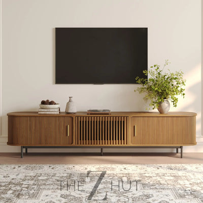 POVISON Sliding Tambour Door TV Stand with LED Lights, Mid Century Modern TV Console, Wood Media Console, Entertainment Center with Storage Cabinet, Fully-Assembled (Walnut, 118.11") THE Z HUT