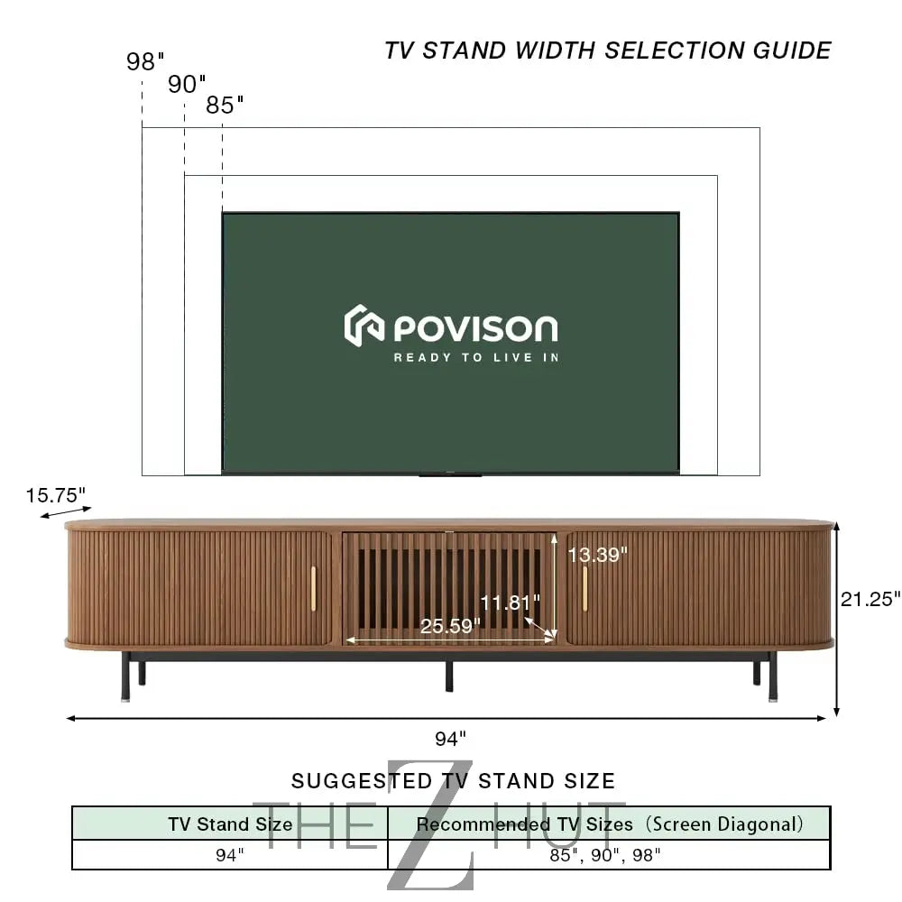 POVISON Sliding Tambour Door TV Stand with LED Lights, Mid Century Modern TV Console, Wood Media Console, Entertainment Center with Storage Cabinet, Fully-Assembled (Walnut, 118.11") THE Z HUT