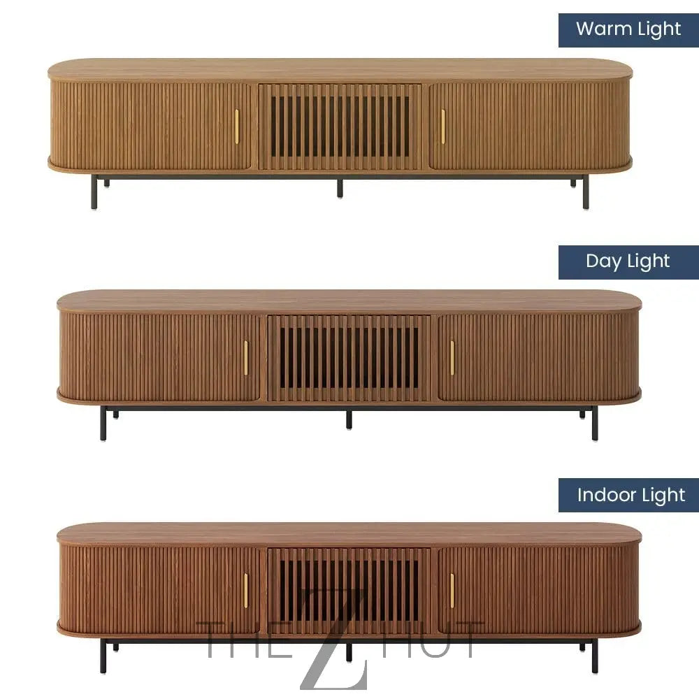 POVISON Sliding Tambour Door TV Stand with LED Lights, Mid Century Modern TV Console, Wood Media Console, Entertainment Center with Storage Cabinet, Fully-Assembled (Walnut, 118.11") THE Z HUT
