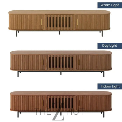 POVISON Sliding Tambour Door TV Stand with LED Lights, Mid Century Modern TV Console, Wood Media Console, Entertainment Center with Storage Cabinet, Fully-Assembled (Walnut, 118.11") THE Z HUT
