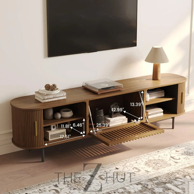POVISON Sliding Tambour Door TV Stand with LED Lights, Mid Century Modern TV Console, Wood Media Console, Entertainment Center with Storage Cabinet, Fully-Assembled (Walnut, 118.11") THE Z HUT