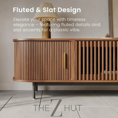 POVISON Sliding Tambour Door TV Stand with LED Lights, Mid Century Modern TV Console, Wood Media Console, Entertainment Center with Storage Cabinet, Fully-Assembled (Walnut, 118.11") THE Z HUT