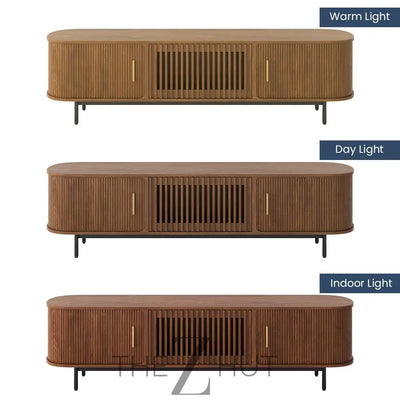 POVISON Sliding Tambour Door TV Stand with LED Lights, Mid Century Modern TV Console, Wood Media Console, Entertainment Center with Storage Cabinet, Fully-Assembled (Walnut, 118.11") THE Z HUT