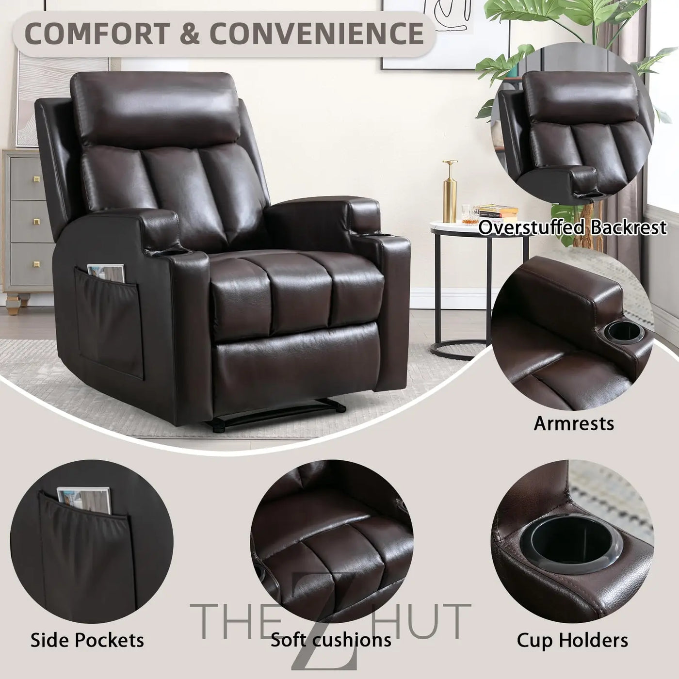 Phoenix Home Manual Recliner Chair with Massage and Heat Ergonomic Overstuffed Breathable Fabric Reclining Chair with 2 Side Pockets, 2 Cup Holders, Remote Control, Living Room, Bedroom,Dark Gray THE Z HUT