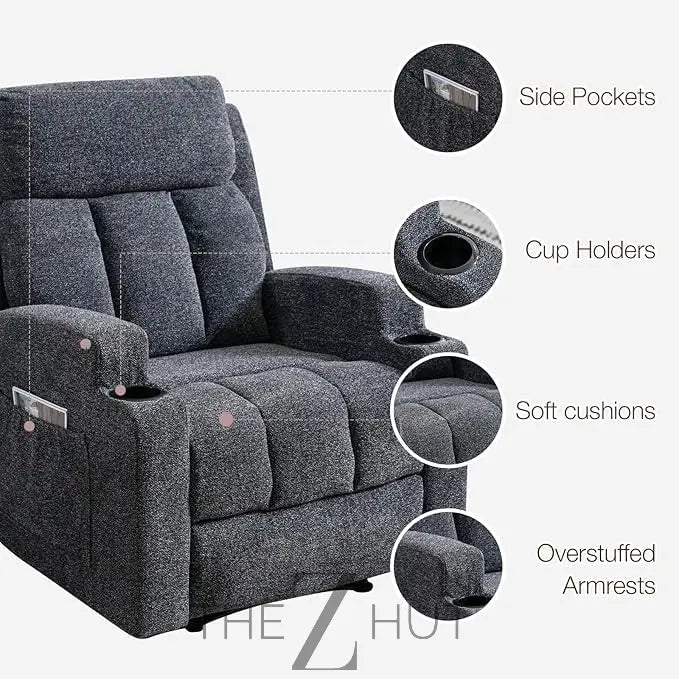 Phoenix Home Manual Recliner Chair with Massage and Heat Ergonomic Overstuffed Breathable Fabric Reclining Chair with 2 Side Pockets, 2 Cup Holders, Remote Control, Living Room, Bedroom,Dark Gray THE Z HUT