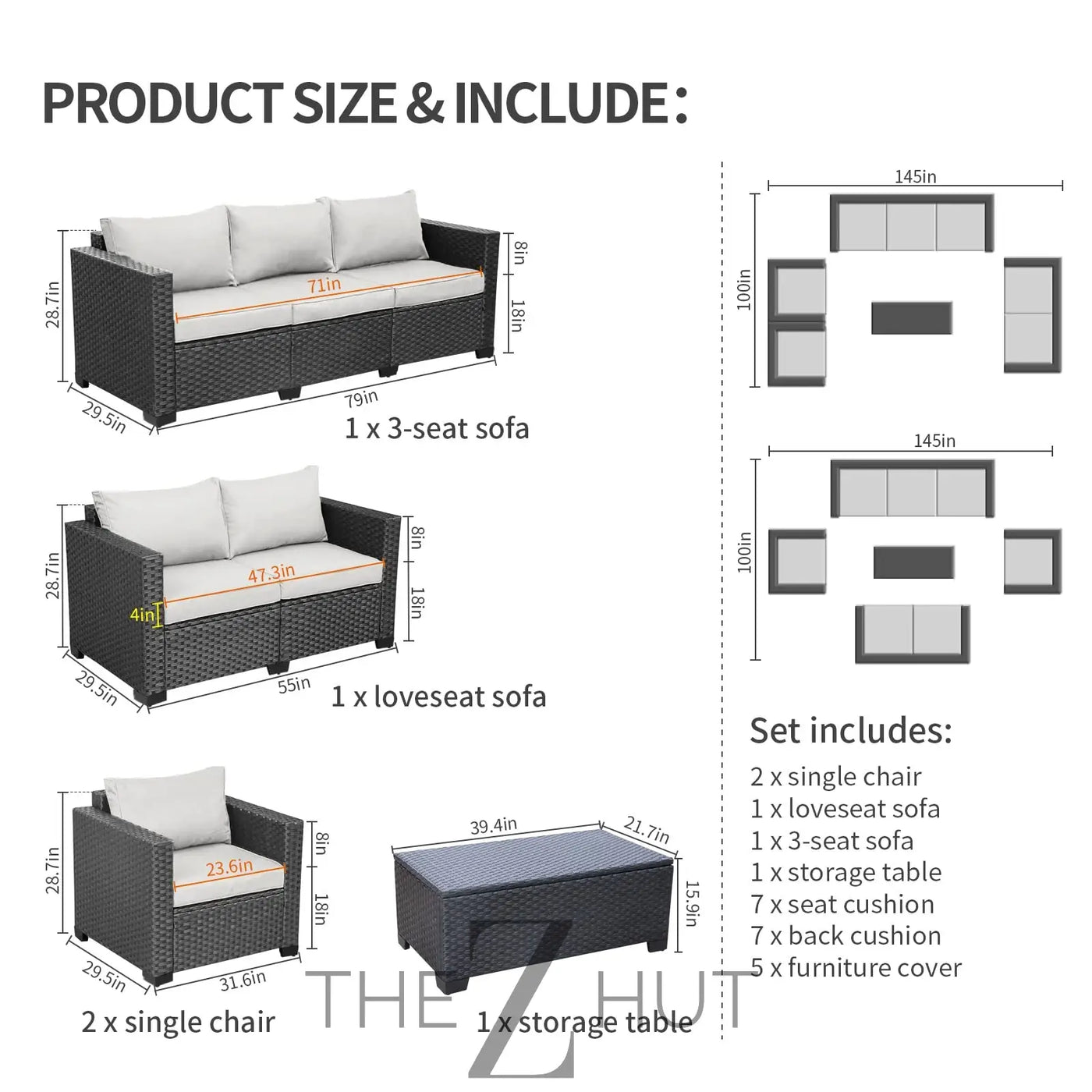 Rattaner 5-Piece Patio Furniture Sofa Set Outdoor Wicker Sectional Couch with Storage Table Non-Slip Cushions Furniture Covers, Grey THE Z HUT