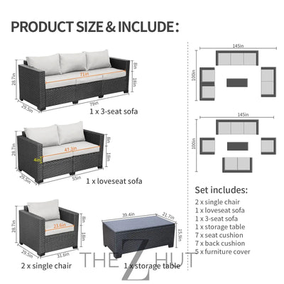 Rattaner 5-Piece Patio Furniture Sofa Set Outdoor Wicker Sectional Couch with Storage Table Non-Slip Cushions Furniture Covers, Grey THE Z HUT