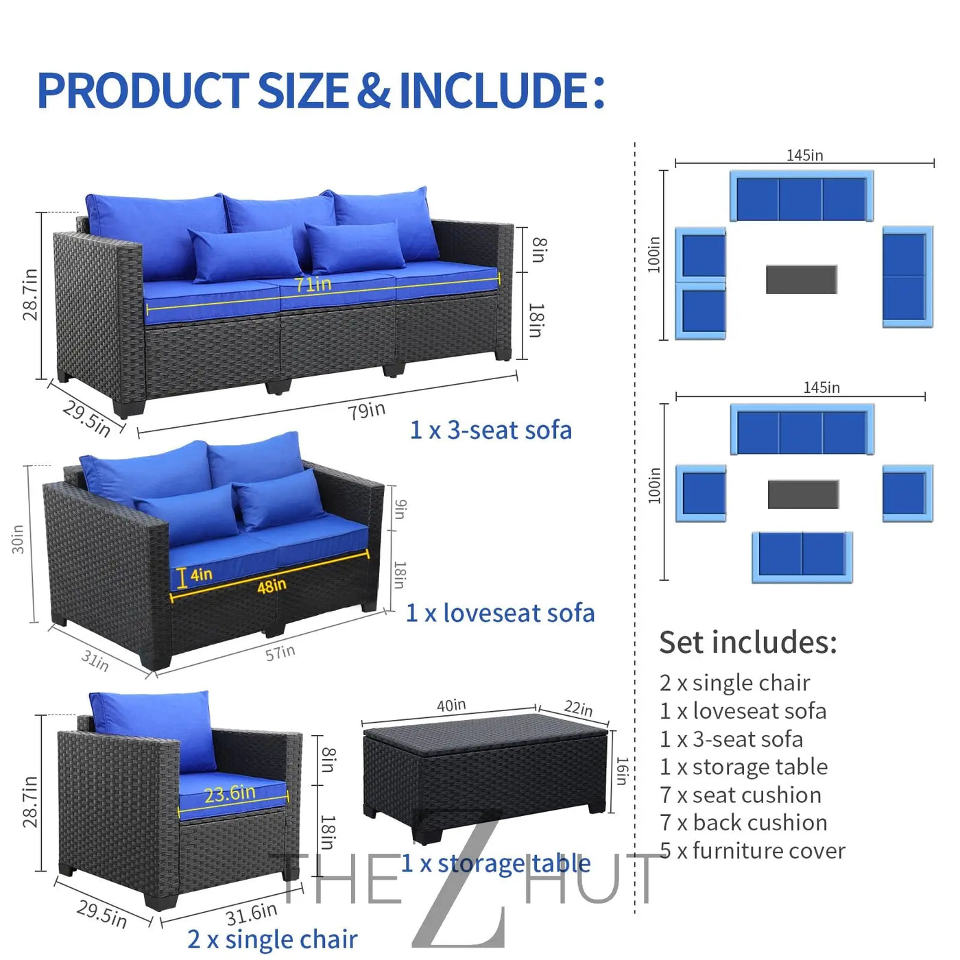 Rattaner 5-Piece Patio Furniture Sofa Set Outdoor Wicker Sectional Couch with Storage Table Non-Slip Cushions Furniture Covers, Grey THE Z HUT