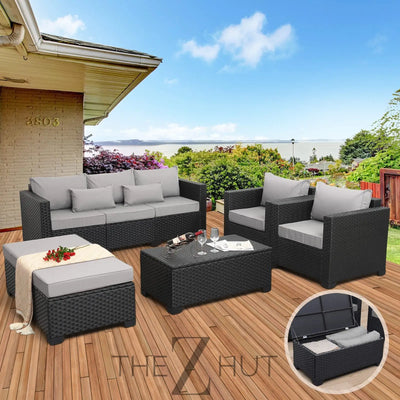 Rattaner Patio Wicker Furniture Set 6 Pieces Outdoor HDPE Wicker Conversation Couch Sectional Chair Sofa Set with Grey Cushions THE Z HUT