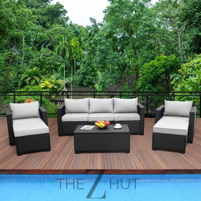 Rattaner Patio Wicker Furniture Set 6 Pieces Outdoor HDPE Wicker Conversation Couch Sectional Chair Sofa Set with Grey Cushions THE Z HUT