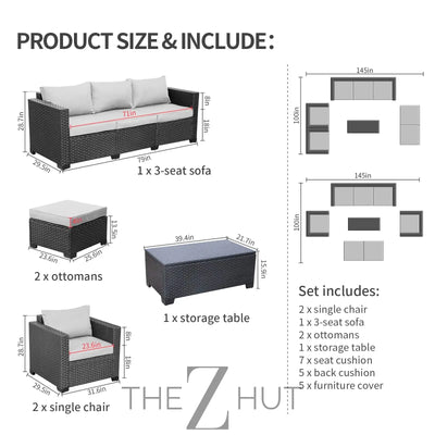 Rattaner Patio Wicker Furniture Set 6 Pieces Outdoor HDPE Wicker Conversation Couch Sectional Chair Sofa Set with Grey Cushions THE Z HUT