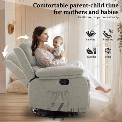 Recliner Chair, 360 Swivel Rocker Chair for Adults, Small Rocking Recliner Chair for Small Spaces, Upholstered Fabric Glider Recliner Nursery Chair with Side Pockets for Living Room, Nursery THE Z HUT