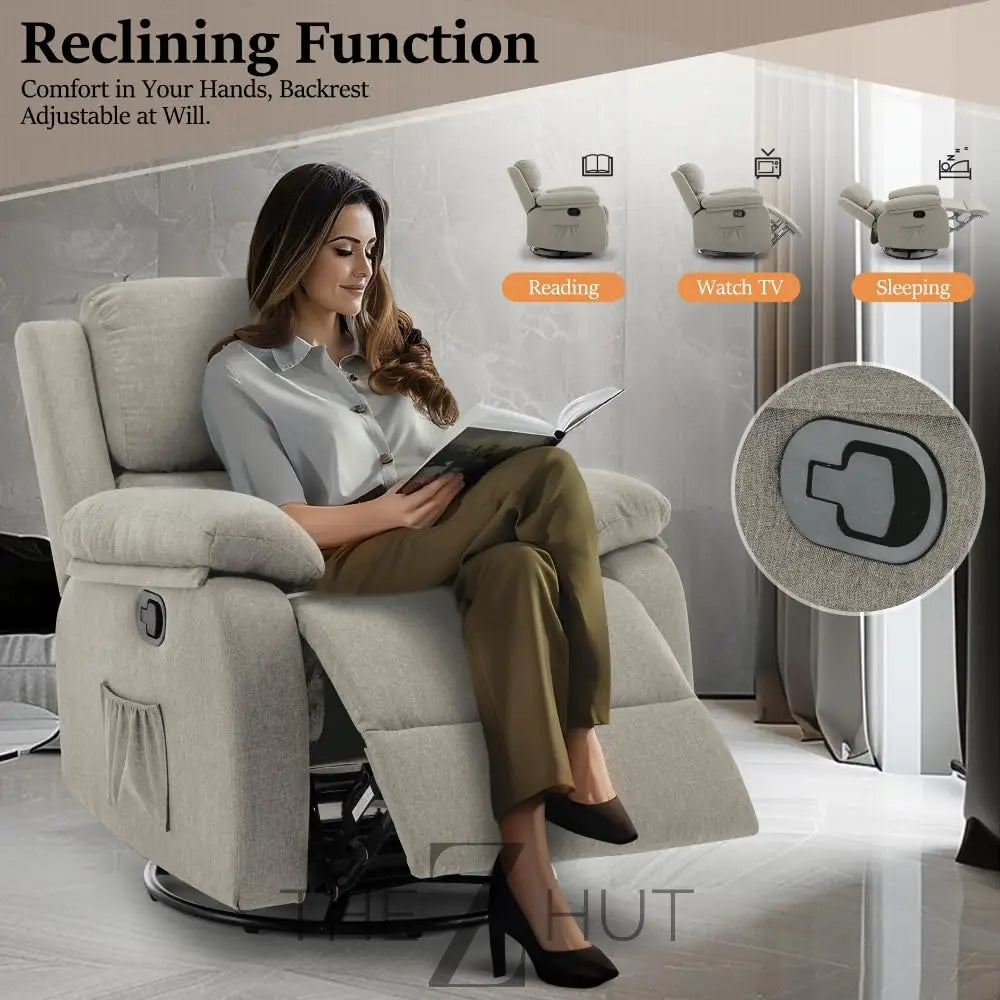 Recliner Chair, 360 Swivel Rocker Chair for Adults, Small Rocking Recliner Chair for Small Spaces, Upholstered Fabric Glider Recliner Nursery Chair with Side Pockets for Living Room, Nursery THE Z HUT