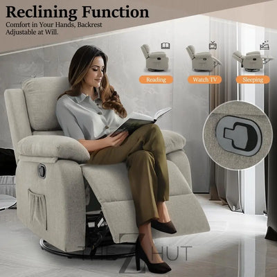 Recliner Chair, 360 Swivel Rocker Chair for Adults, Small Rocking Recliner Chair for Small Spaces, Upholstered Fabric Glider Recliner Nursery Chair with Side Pockets for Living Room, Nursery THE Z HUT