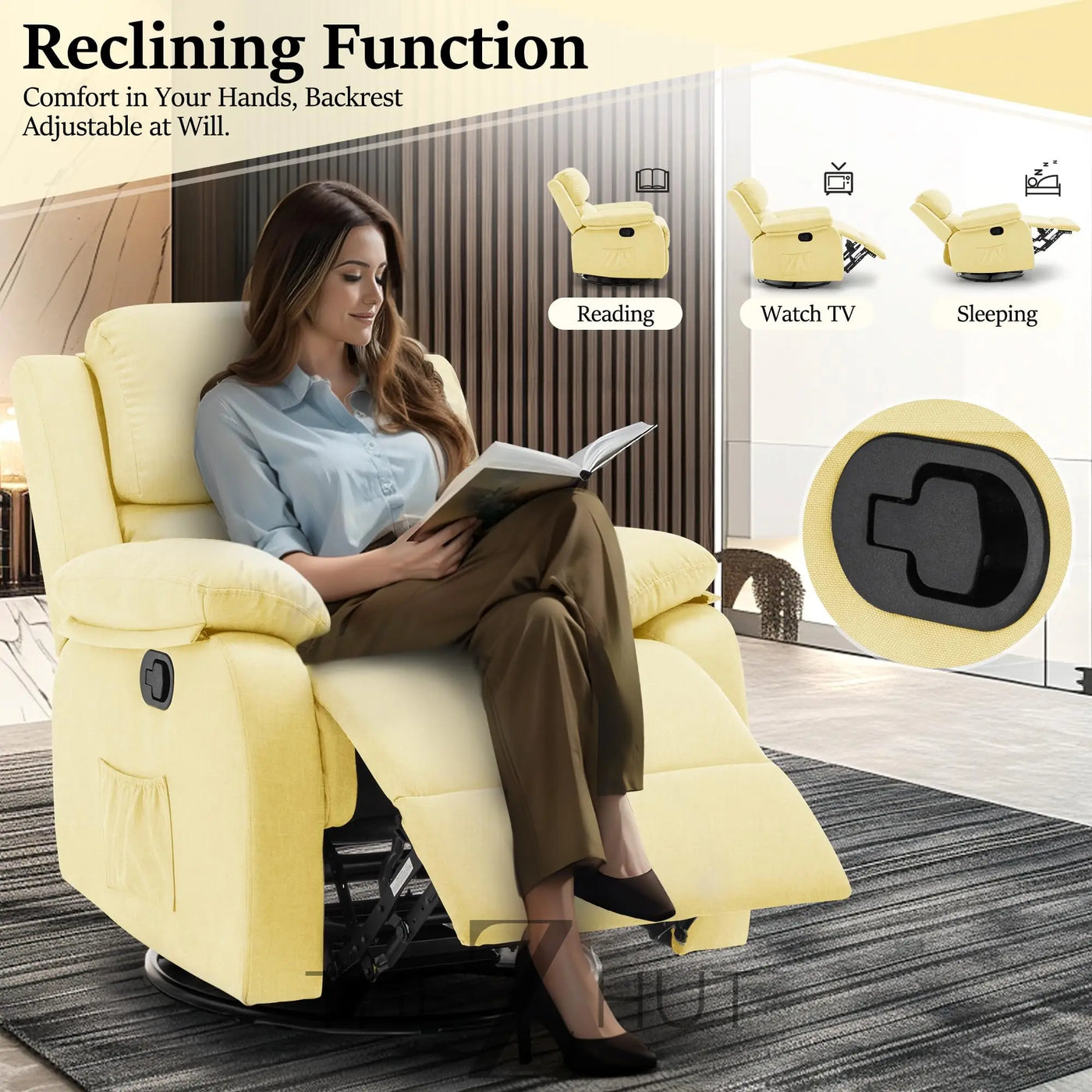 Recliner Chair, 360 Swivel Rocker Chair for Adults, Small Rocking Recliner Chair for Small Spaces, Upholstered Fabric Glider Recliner Nursery Chair with Side Pockets for Living Room, Nursery THE Z HUT
