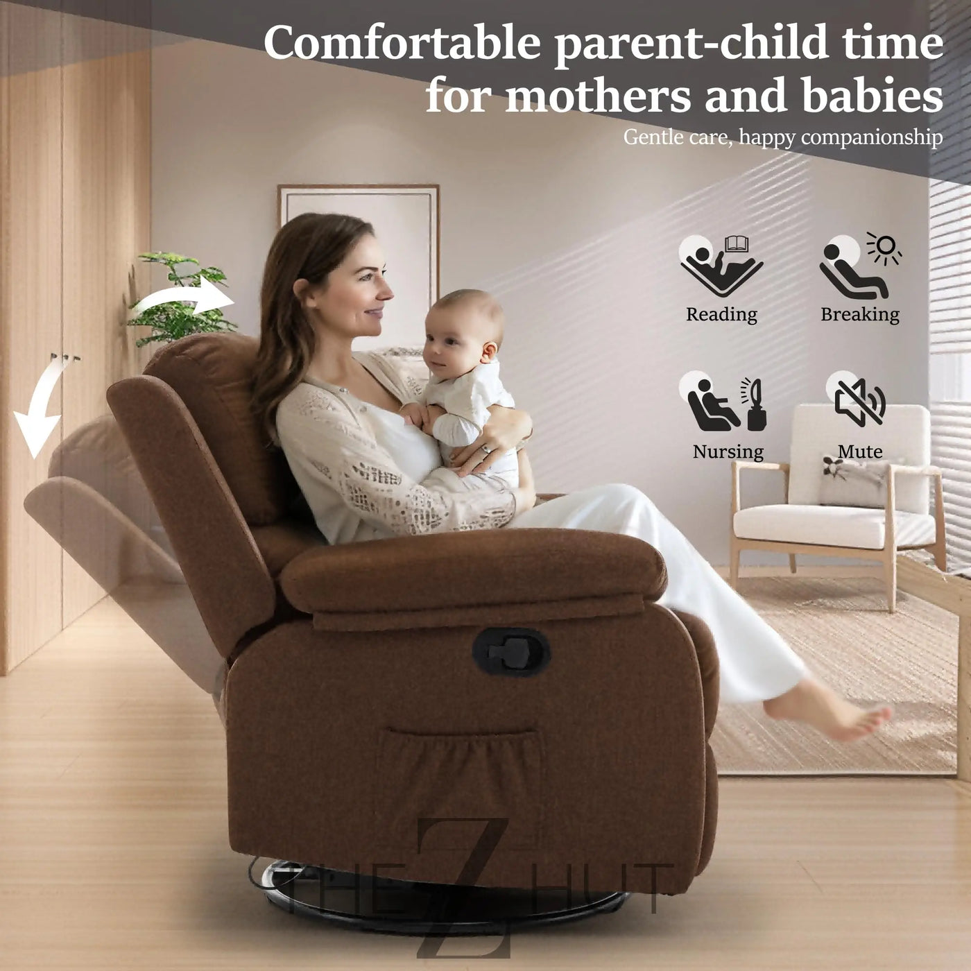 Recliner Chair, 360 Swivel Rocker Chair for Adults, Small Rocking Recliner Chair for Small Spaces, Upholstered Fabric Glider Recliner Nursery Chair with Side Pockets for Living Room, Nursery THE Z HUT