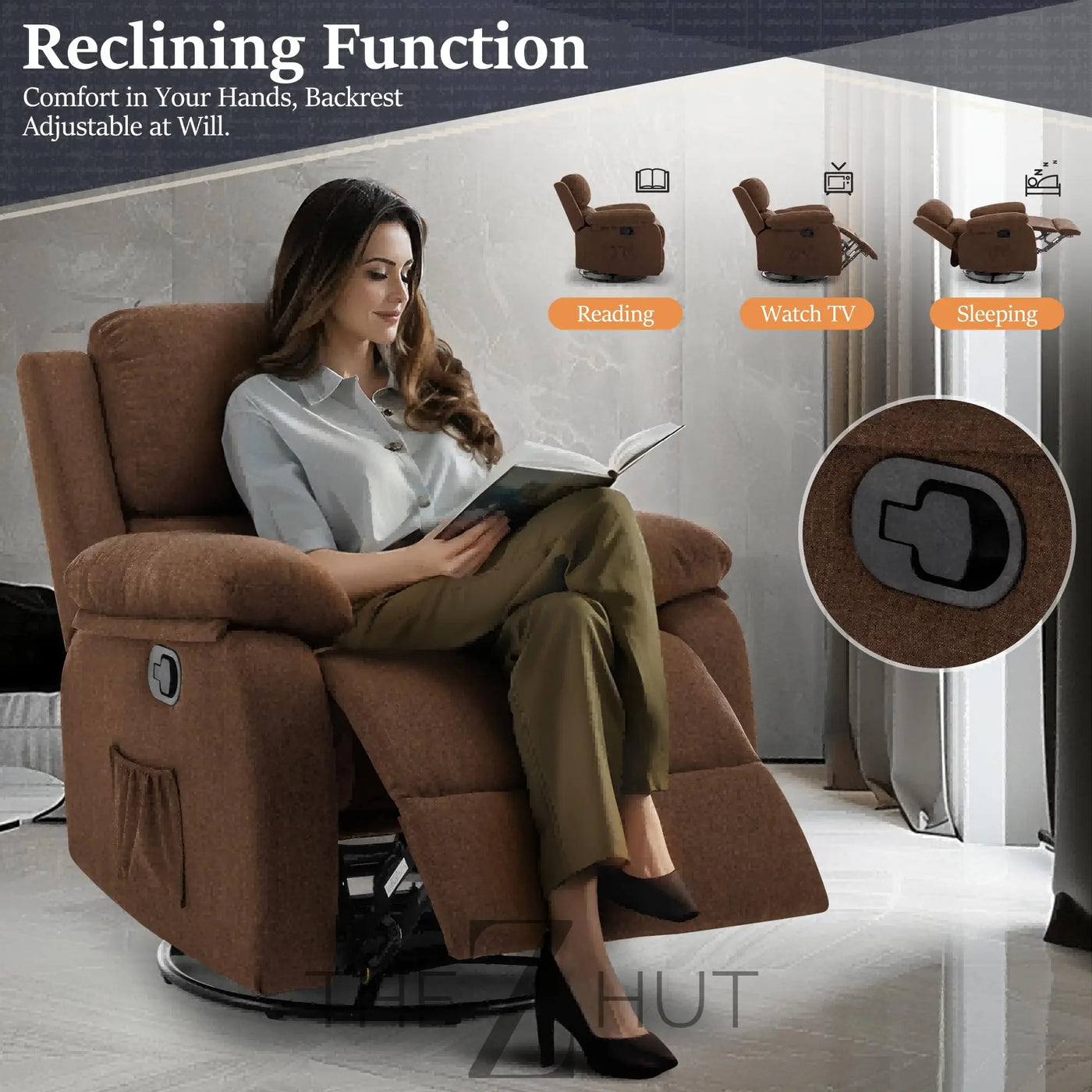 Recliner Chair, 360 Swivel Rocker Chair for Adults, Small Rocking Recliner Chair for Small Spaces, Upholstered Fabric Glider Recliner Nursery Chair with Side Pockets for Living Room, Nursery THE Z HUT
