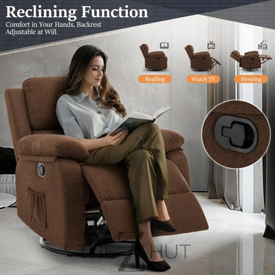Recliner Chair, 360 Swivel Rocker Chair for Adults, Small Rocking Recliner Chair for Small Spaces, Upholstered Fabric Glider Recliner Nursery Chair with Side Pockets for Living Room, Nursery THE Z HUT