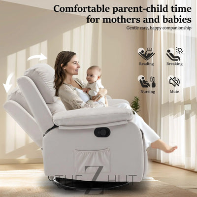 Recliner Chair, 360 Swivel Rocker Chair for Adults, Small Rocking Recliner Chair for Small Spaces, Upholstered Fabric Glider Recliner Nursery Chair with Side Pockets for Living Room, Nursery THE Z HUT