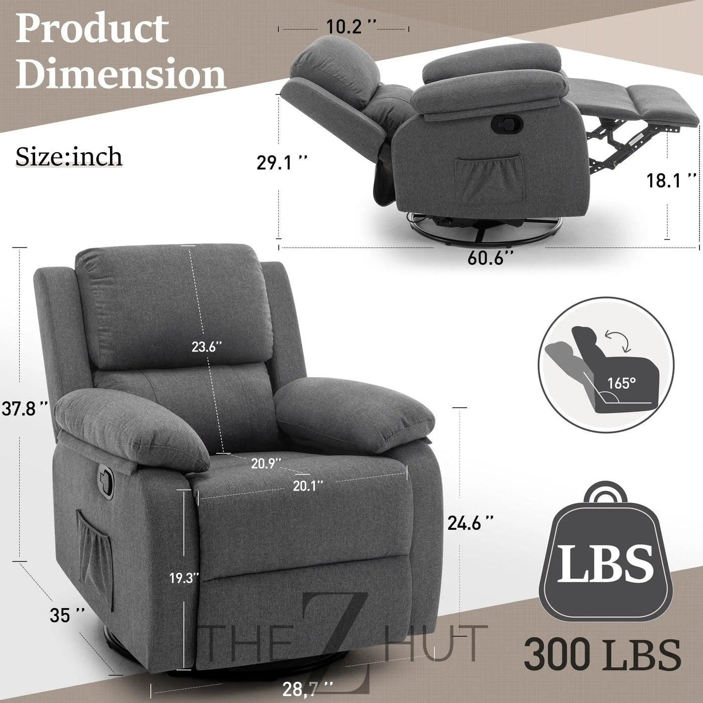 Recliner Chair, 360 Swivel Rocker Chair for Adults, Small Rocking Recliner Chair for Small Spaces, Upholstered Fabric Glider Recliner Nursery Chair with Side Pockets for Living Room, Nursery THE Z HUT