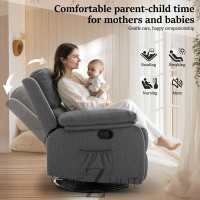 Recliner Chair, 360 Swivel Rocker Chair for Adults, Small Rocking Recliner Chair for Small Spaces, Upholstered Fabric Glider Recliner Nursery Chair with Side Pockets for Living Room, Nursery THE Z HUT