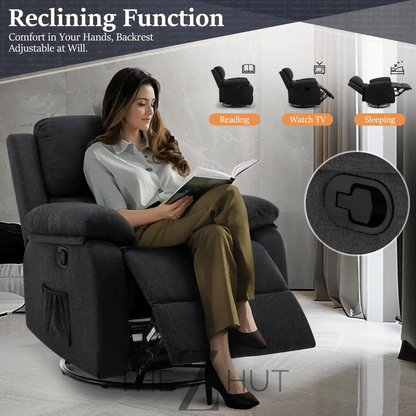 Recliner Chair, 360 Swivel Rocker Chair for Adults, Small Rocking Recliner Chair for Small Spaces, Upholstered Fabric Glider Recliner Nursery Chair with Side Pockets for Living Room, Nursery THE Z HUT