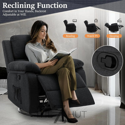 Recliner Chair, 360 Swivel Rocker Chair for Adults, Small Rocking Recliner Chair for Small Spaces, Upholstered Fabric Glider Recliner Nursery Chair with Side Pockets for Living Room, Nursery THE Z HUT