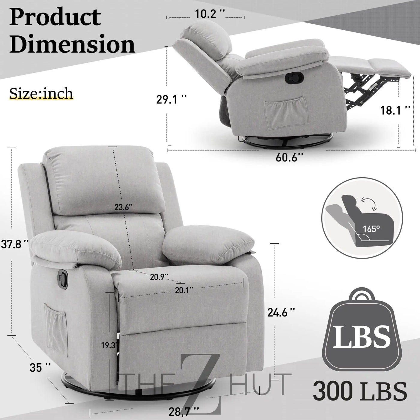 Recliner Chair, 360 Swivel Rocker Chair for Adults, Small Rocking Recliner Chair for Small Spaces, Upholstered Fabric Glider Recliner Nursery Chair with Side Pockets for Living Room, Nursery THE Z HUT