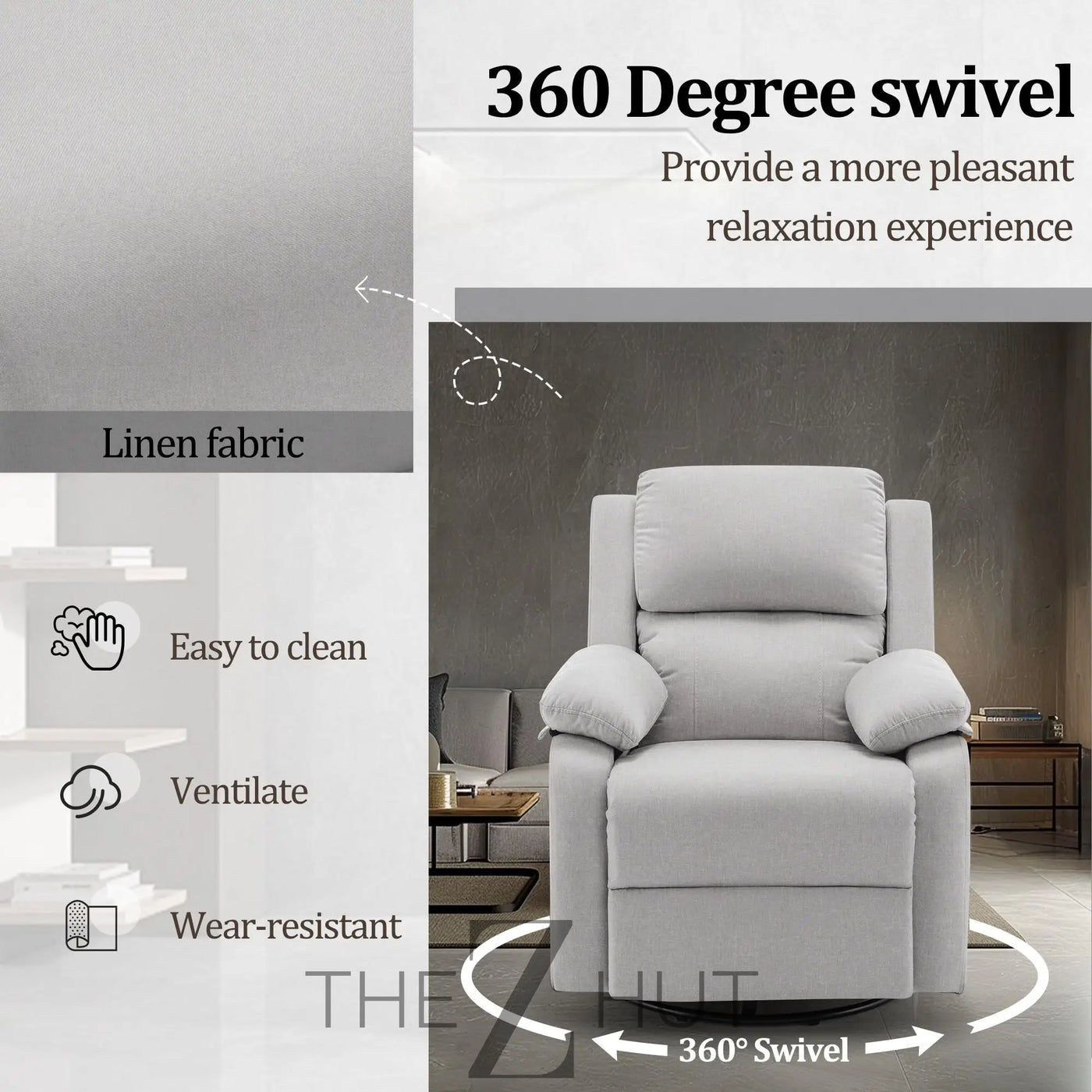 Recliner Chair, 360 Swivel Rocker Chair for Adults, Small Rocking Recliner Chair for Small Spaces, Upholstered Fabric Glider Recliner Nursery Chair with Side Pockets for Living Room, Nursery THE Z HUT