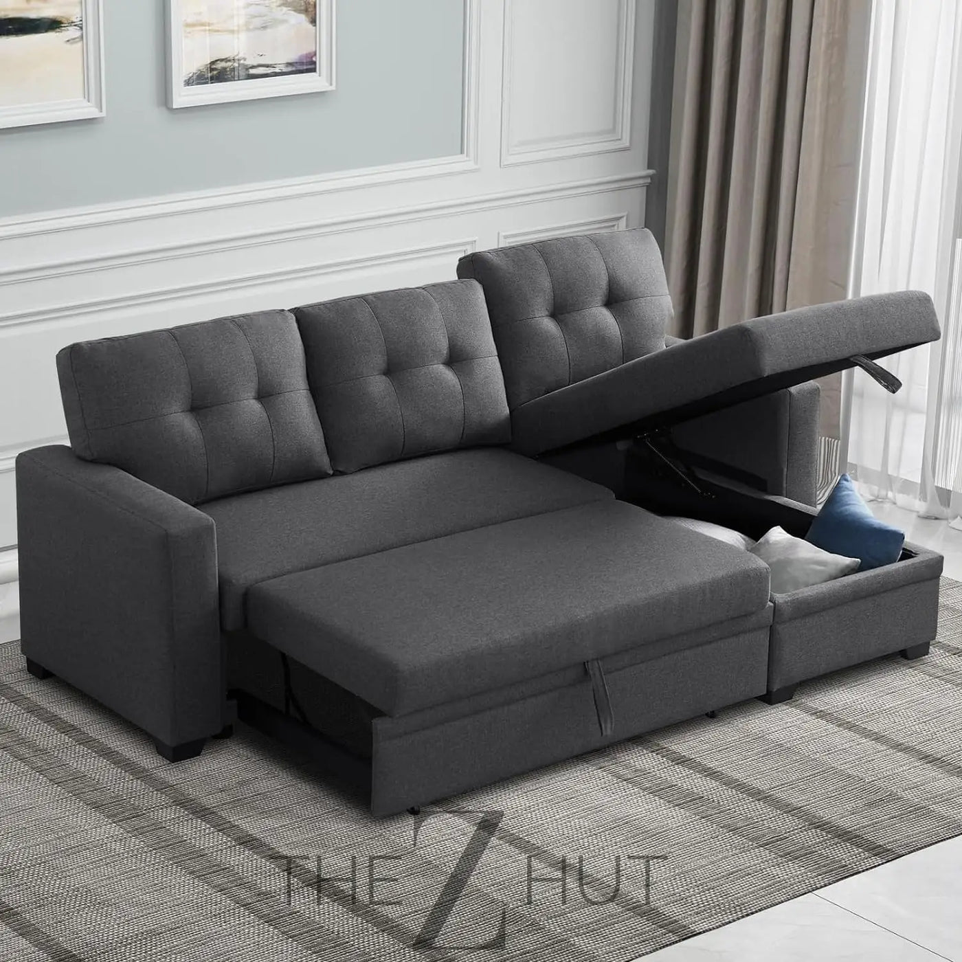 Reversible Sectional Sofa Couch, Sleeper Sofa Bed with Storage Chaise Pull Out Couch for Living Room | Hidden Stroge | Pull Out Bed | Removable Backrest | Linen Fabric, DeepGrey THE Z HUT