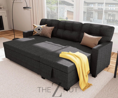 Reversible Sectional Sofa Couch, Sleeper Sofa Bed with Storage Chaise Pull Out Couch for Living Room | Hidden Stroge | Pull Out Bed | Removable Backrest | Linen Fabric, DeepGrey THE Z HUT