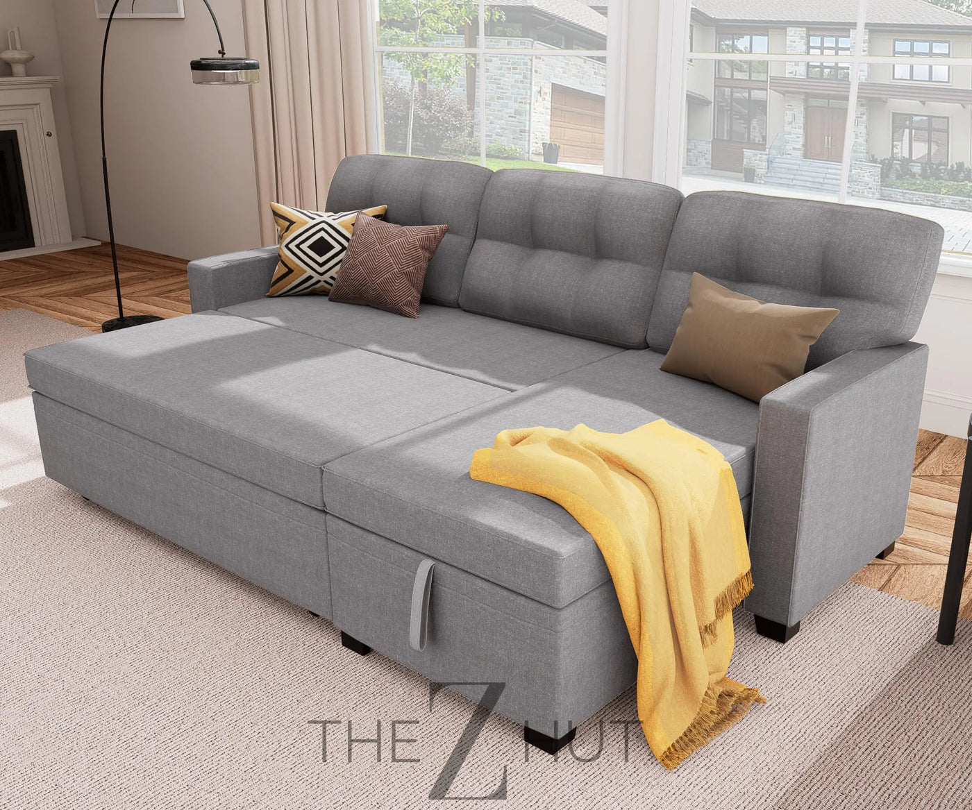 Reversible Sectional Sofa Couch, Sleeper Sofa Bed with Storage Chaise Pull Out Couch for Living Room | Hidden Stroge | Pull Out Bed | Removable Backrest | Linen Fabric, DeepGrey THE Z HUT