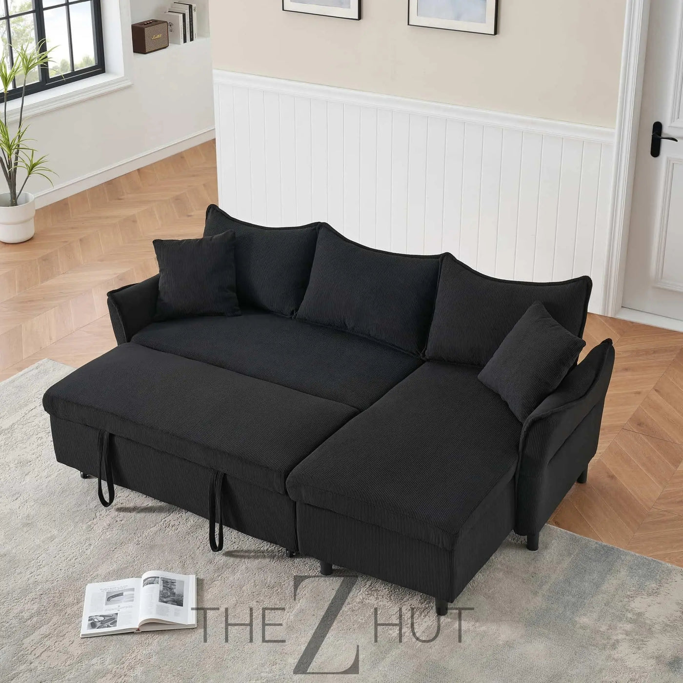 Reversible Sectional Sofa Couch, Sleeper Sofa Bed with Storage Chaise Pull Out Couch for Living Room | Hidden Stroge | Pull Out Bed | Removable Backrest | Linen Fabric, DeepGrey THE Z HUT