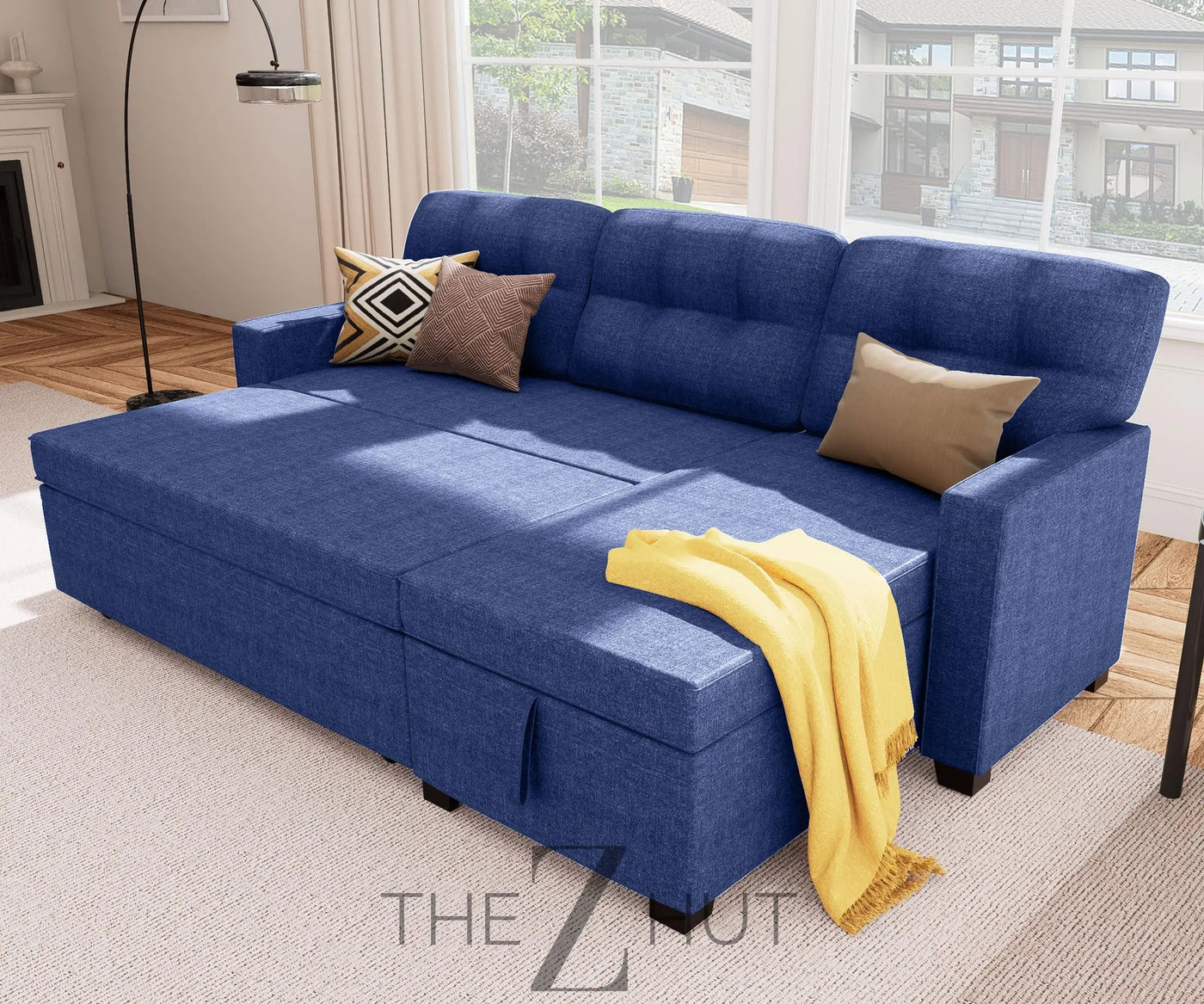Reversible Sectional Sofa Couch, Sleeper Sofa Bed with Storage Chaise Pull Out Couch for Living Room | Hidden Stroge | Pull Out Bed | Removable Backrest | Linen Fabric, DeepGrey THE Z HUT