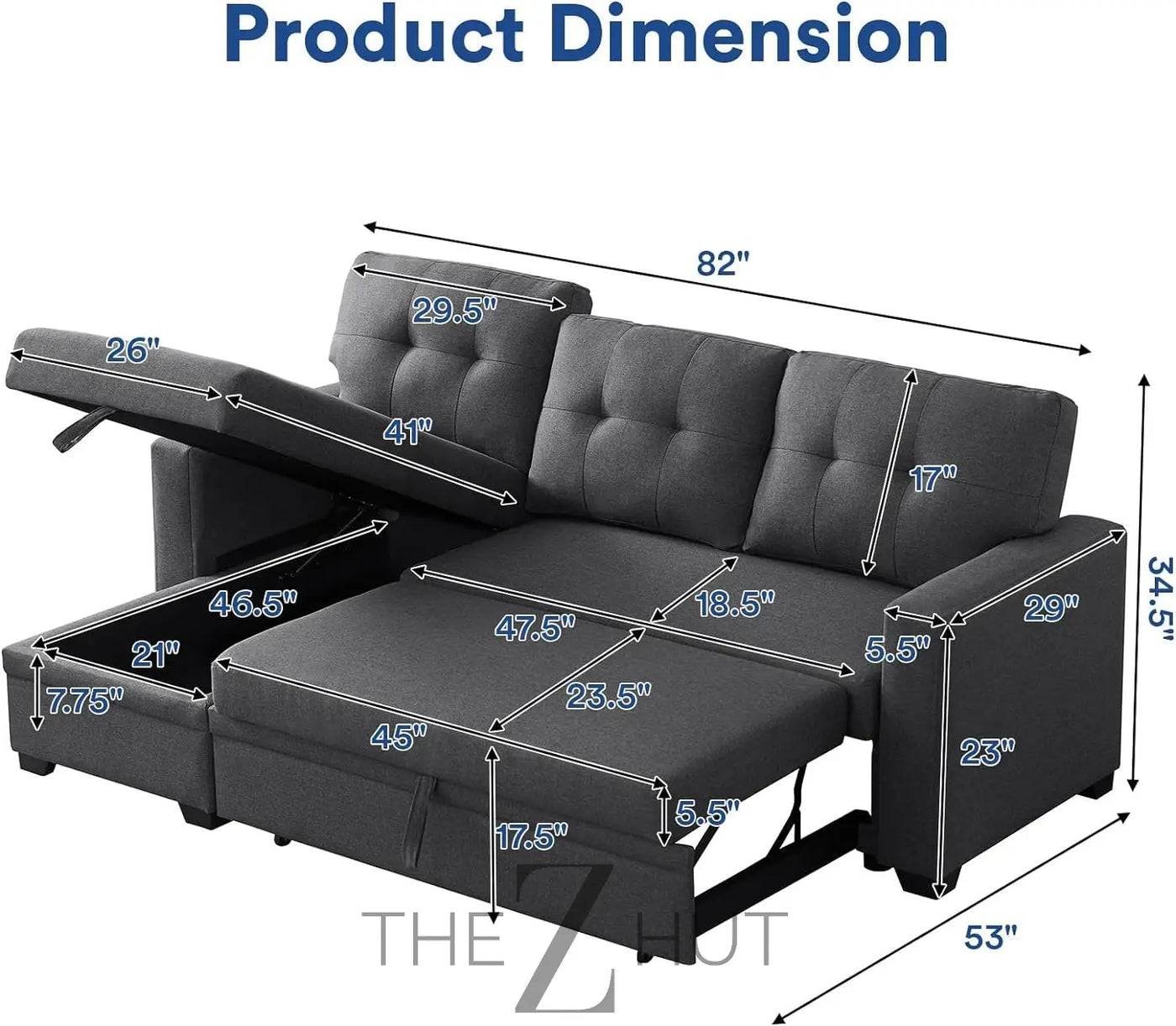 Reversible Sectional Sofa Couch, Sleeper Sofa Bed with Storage Chaise Pull Out Couch for Living Room | Hidden Stroge | Pull Out Bed | Removable Backrest | Linen Fabric, DeepGrey THE Z HUT