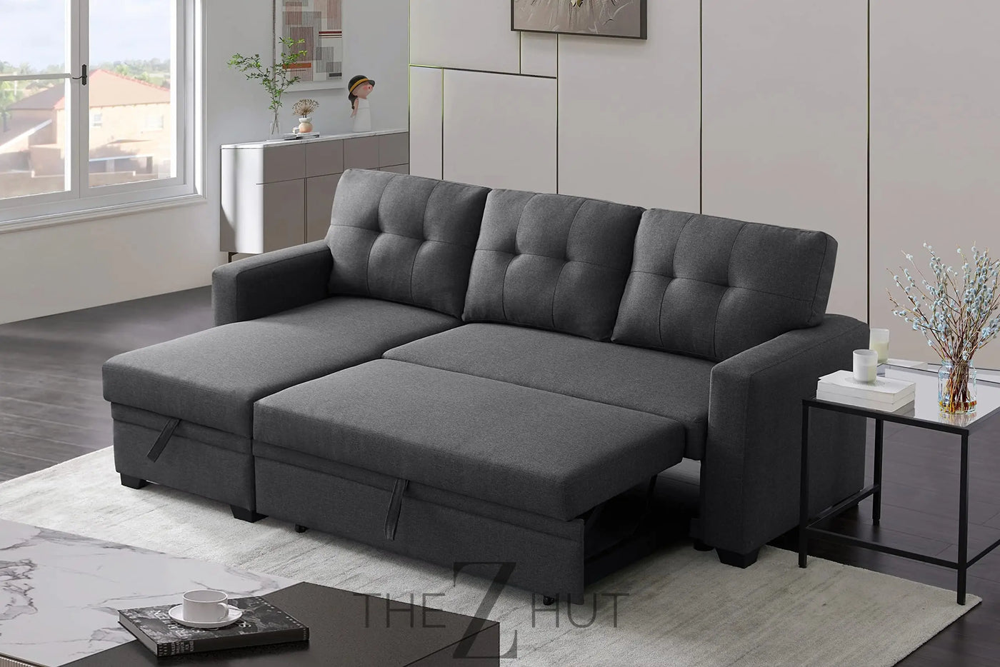 Reversible Sectional Sofa Couch, Sleeper Sofa Bed with Storage Chaise Pull Out Couch for Living Room | Hidden Stroge | Pull Out Bed | Removable Backrest | Linen Fabric, DeepGrey THE Z HUT