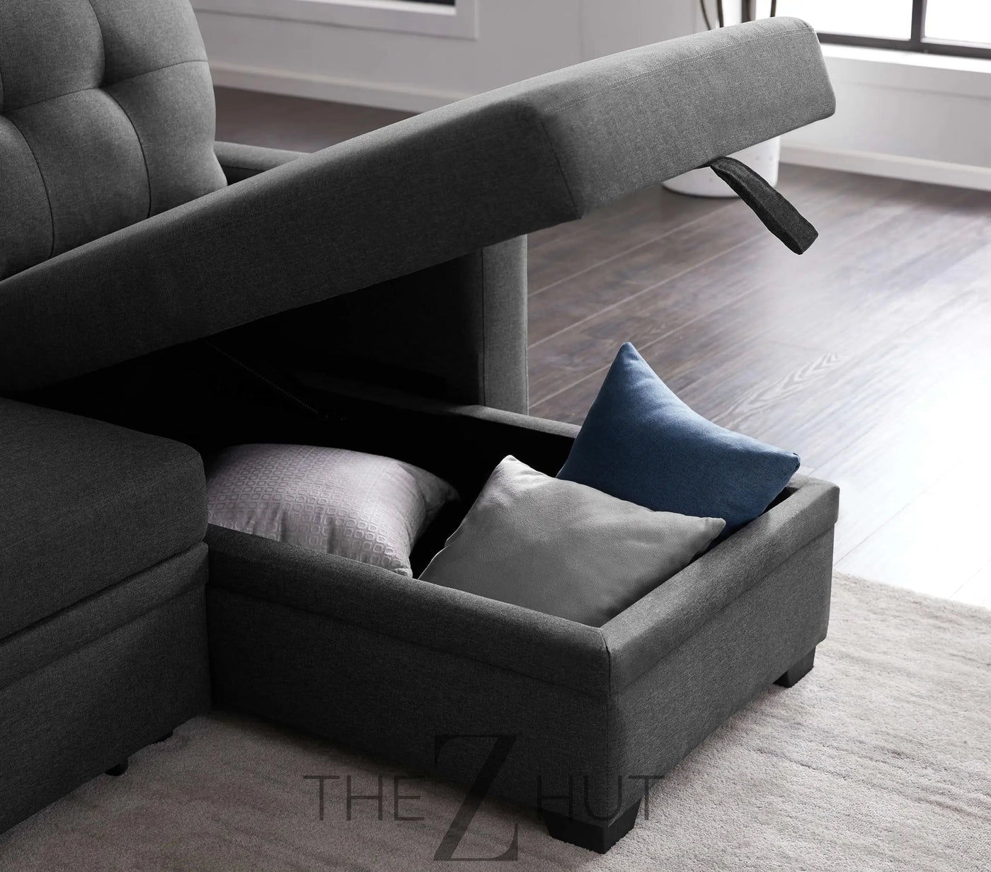 Reversible Sectional Sofa Couch, Sleeper Sofa Bed with Storage Chaise Pull Out Couch for Living Room | Hidden Stroge | Pull Out Bed | Removable Backrest | Linen Fabric, DeepGrey THE Z HUT