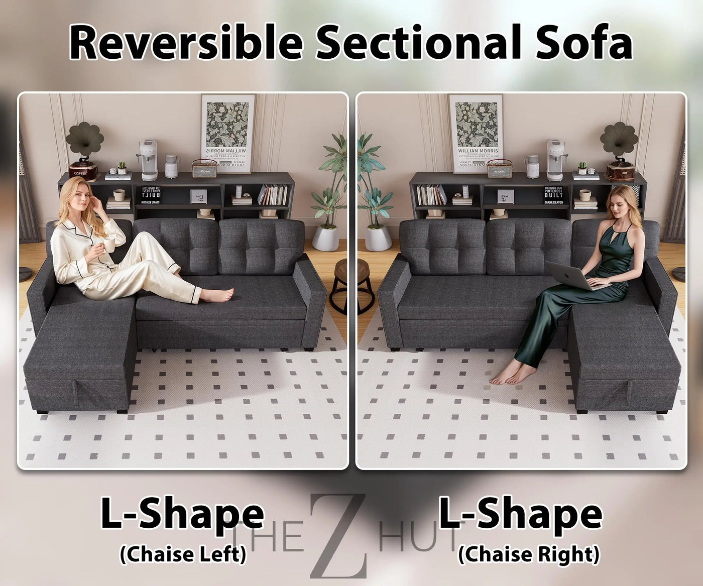 Reversible Sectional Sofa Couch, Sleeper Sofa Bed with Storage Chaise Pull Out Couch for Living Room | Hidden Stroge | Pull Out Bed | Removable Backrest | Linen Fabric, DeepGrey THE Z HUT