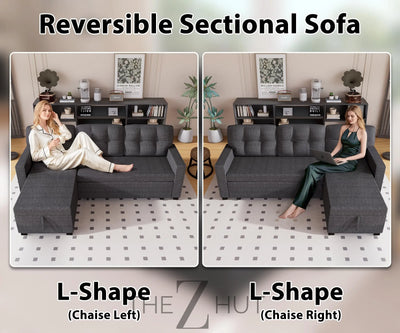 Reversible Sectional Sofa Couch, Sleeper Sofa Bed with Storage Chaise Pull Out Couch for Living Room | Hidden Stroge | Pull Out Bed | Removable Backrest | Linen Fabric, DeepGrey THE Z HUT