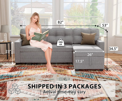 Reversible Sectional Sofa Couch, Sleeper Sofa Bed with Storage Chaise Pull Out Couch for Living Room | Hidden Stroge | Pull Out Bed | Removable Backrest | Linen Fabric, DeepGrey THE Z HUT