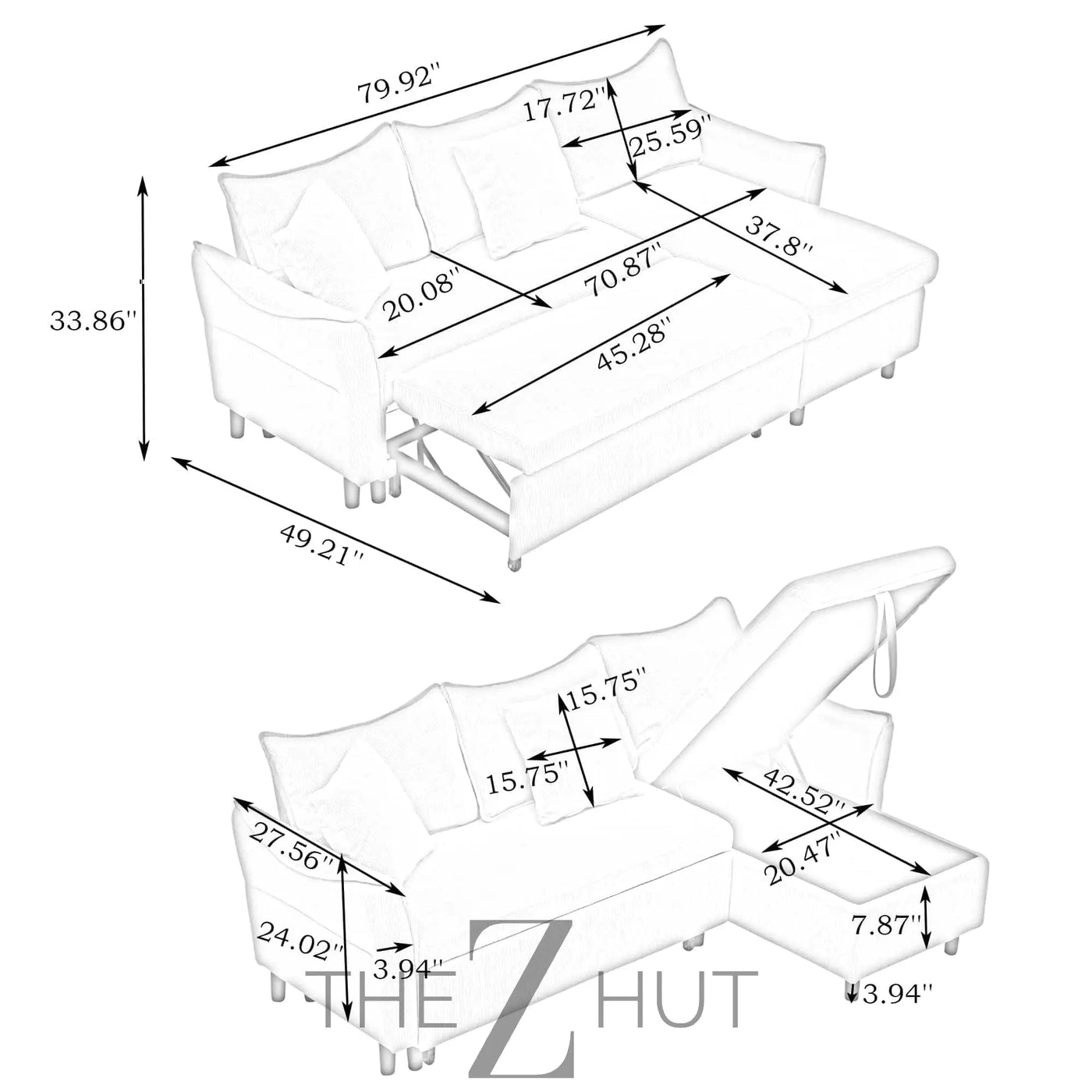 Reversible Sectional Sofa Couch, Sleeper Sofa Bed with Storage Chaise Pull Out Couch for Living Room | Hidden Stroge | Pull Out Bed | Removable Backrest | Linen Fabric, DeepGrey THE Z HUT
