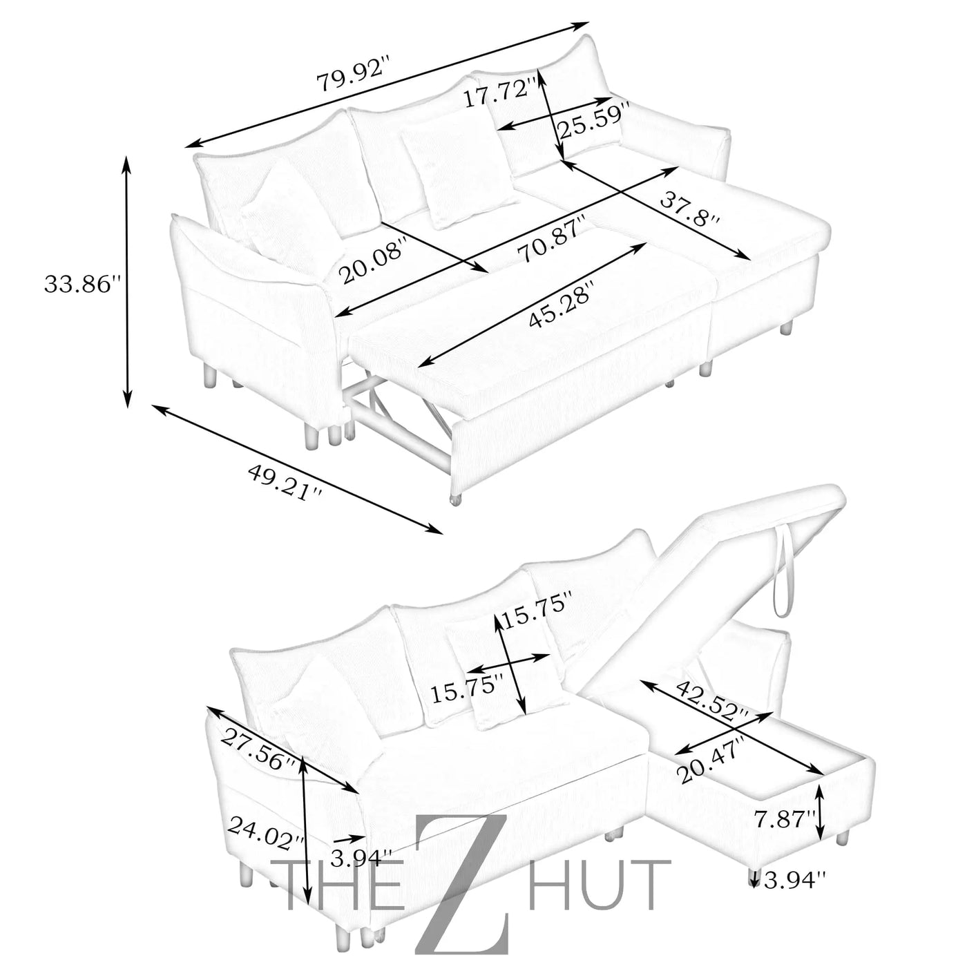 Reversible Sectional Sofa Couch, Sleeper Sofa Bed with Storage Chaise Pull Out Couch for Living Room | Hidden Stroge | Pull Out Bed | Removable Backrest | Linen Fabric, DeepGrey THE Z HUT