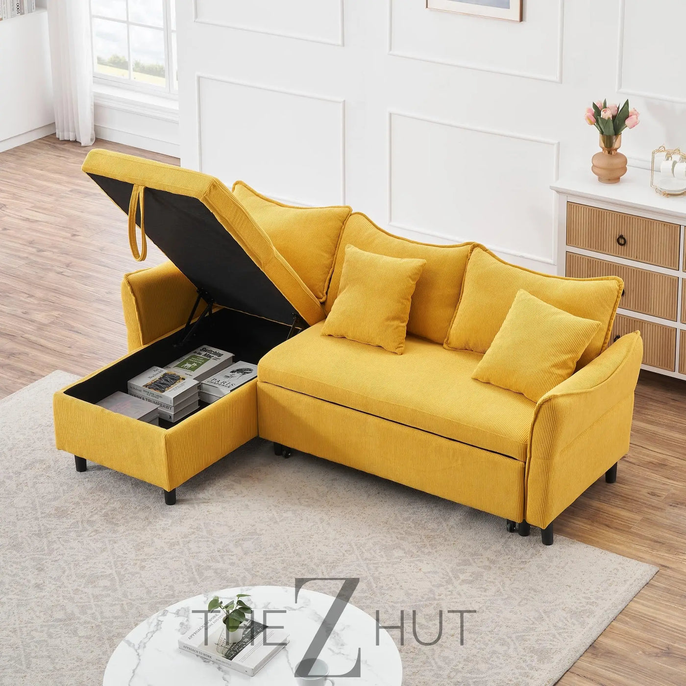 Reversible Sectional Sofa Couch, Sleeper Sofa Bed with Storage Chaise Pull Out Couch for Living Room | Hidden Stroge | Pull Out Bed | Removable Backrest | Linen Fabric, DeepGrey THE Z HUT